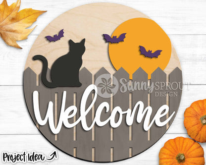 Welcome Fence Cat Moon Sign, Digital Download, SVG Laser Cut File, Cricut, Round Halloween Door Hanger Design