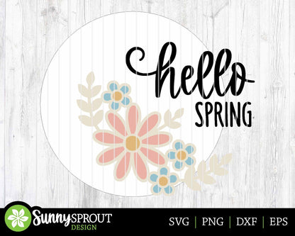 Hello Spring Floral Sign, Digital download, SVG Laser cut file, Cricut, Round door hanger design
