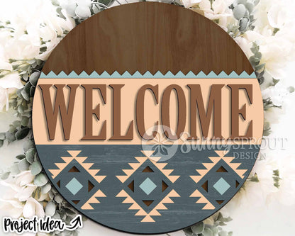 Welcome Southwest Pattern Sign, Digital Download, SVG Laser Cut File, Cricut, Aztec Western Round Door Hanger Design