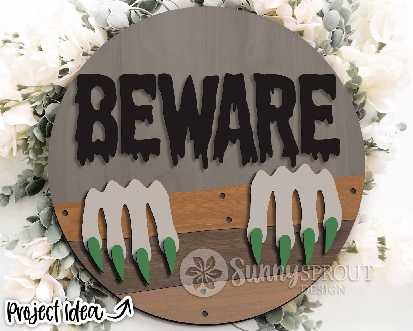 Beware Monster Claws Sign, Digital Download, SVG Laser Cut File, Cricut, Round Spooky Halloween Door Hanger Design