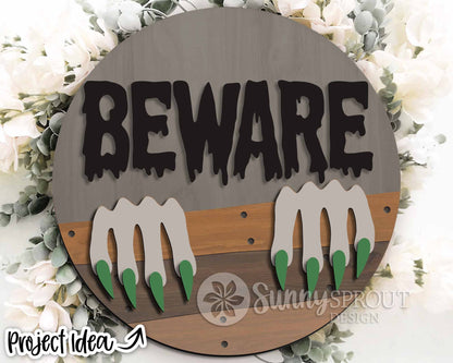 Beware Monster Claws Sign, Digital Download, SVG Laser Cut File, Cricut, Round Spooky Halloween Door Hanger Design