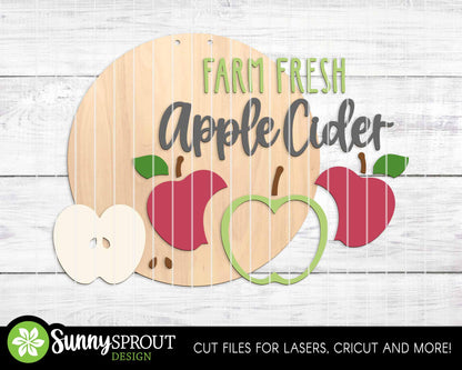 Farm Fresh Apple Cider Sign, Digital Download, SVG Laser Cut File, Cricut, Round Fall Door Hanger Design, Farm Decor