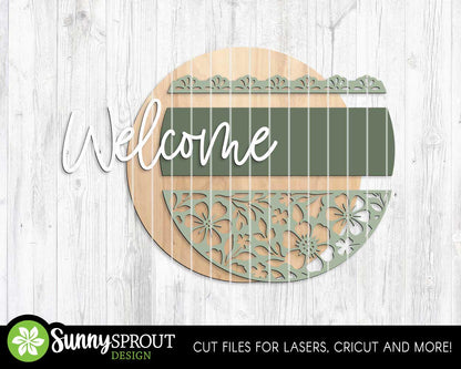 Welcome Floral Pattern Sign, Digital Download, SVG Laser Cut File, Cricut, Spring Summer Round Door Hanger Design