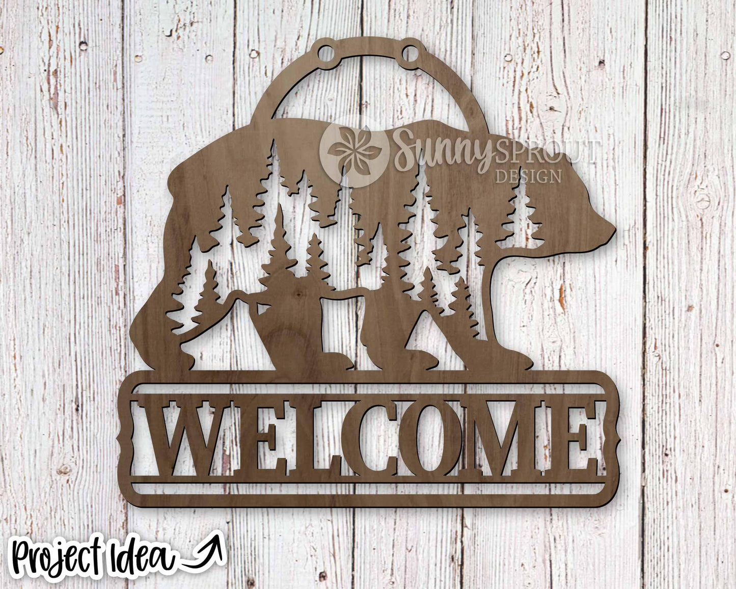 Bear and Trees Welcome Sign, Digital download, SVG Laser cut file, Cricut, Door hanger design, Cabin camping outdoor decor