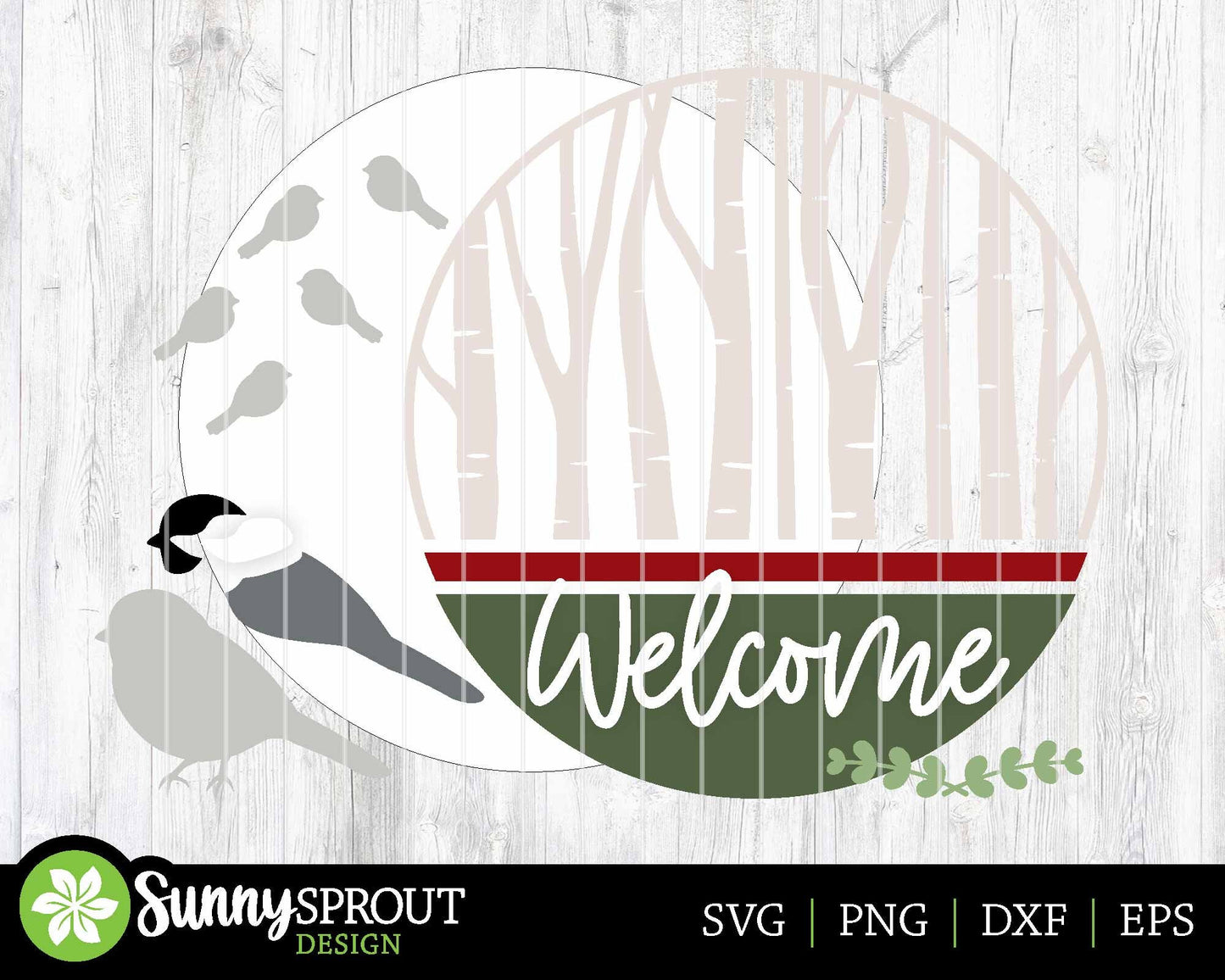 Birch Trees Chickadee Bird Welcome Sign, Digital Download, SVG Laser Cut File, Cricut, Round Door Hanger Design, Winter Christmas Decor