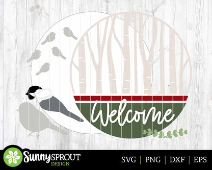Birch Trees Chickadee Bird Welcome Sign, Digital Download, SVG Laser Cut File, Cricut, Round Door Hanger Design, Winter Christmas Decor