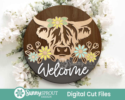 Highland Cow Wildflower Welcome Sign, Digital download, SVG Laser cut file, Cricut, Round door hanger design, Summer farm animal decor