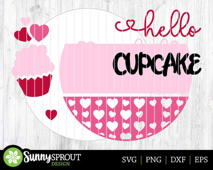 Hello Cupcake Hearts Welcome Sign, Digital Download, SVG Laser Cut File, Cricut, Round Door Hanger Design, Valentine's Day Decor