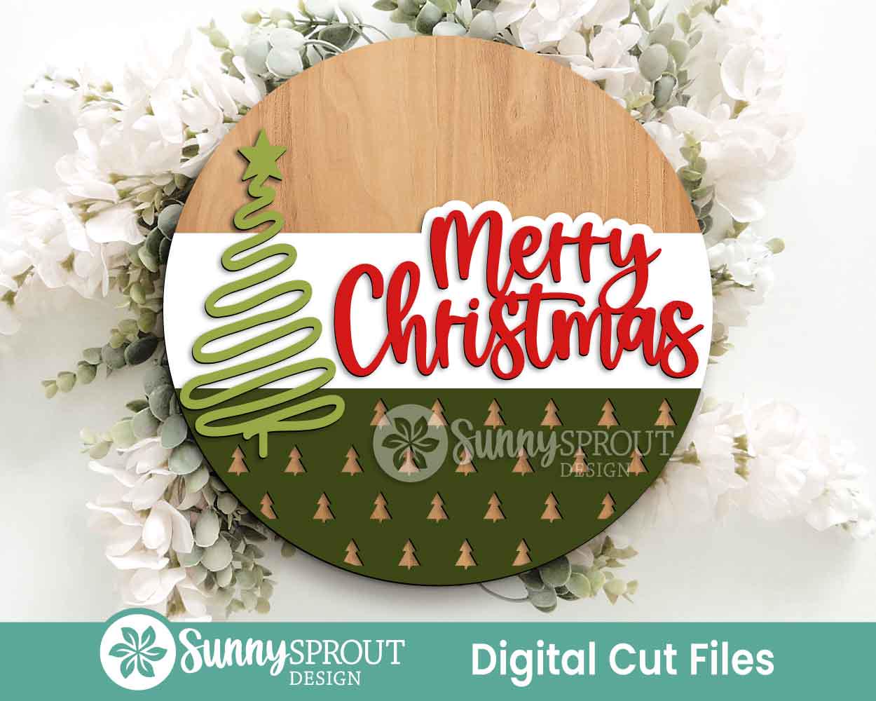 Merry Christmas Hand Drawn Tree Sign, Digital Download, SVG Laser Cut File, Cricut, Round Door Hanger Design