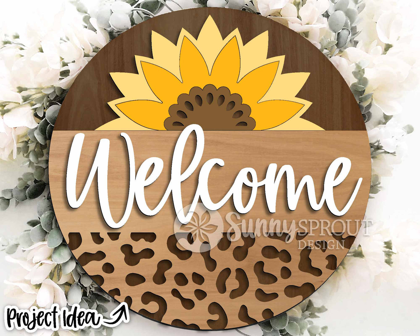 Welcome Leopard Sunflower Sign, Digital Download, SVG Laser Cut File, Cricut, Animal Summer Round Door Hanger Design