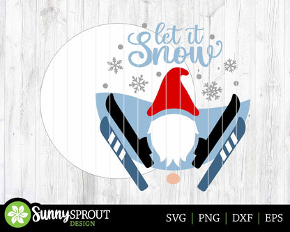 Let It Snow Ski Gnome, Round door hanger svg, Glowforge laser cut file, Cricut, Ski lodge sign svg, Winter decor