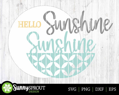Hello Sunshine Circle Pattern Sign, Digital Download, SVG Laser Cut File, Summer Round Door Hanger Design