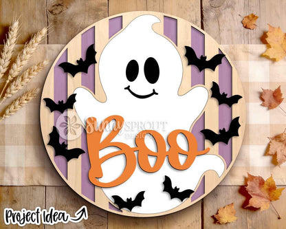 Boo Ghost Bats Stripe Pattern Sign, Digital Download, SVG Laser Cut File, Cricut, Round Halloween Welcome Door Hanger Design