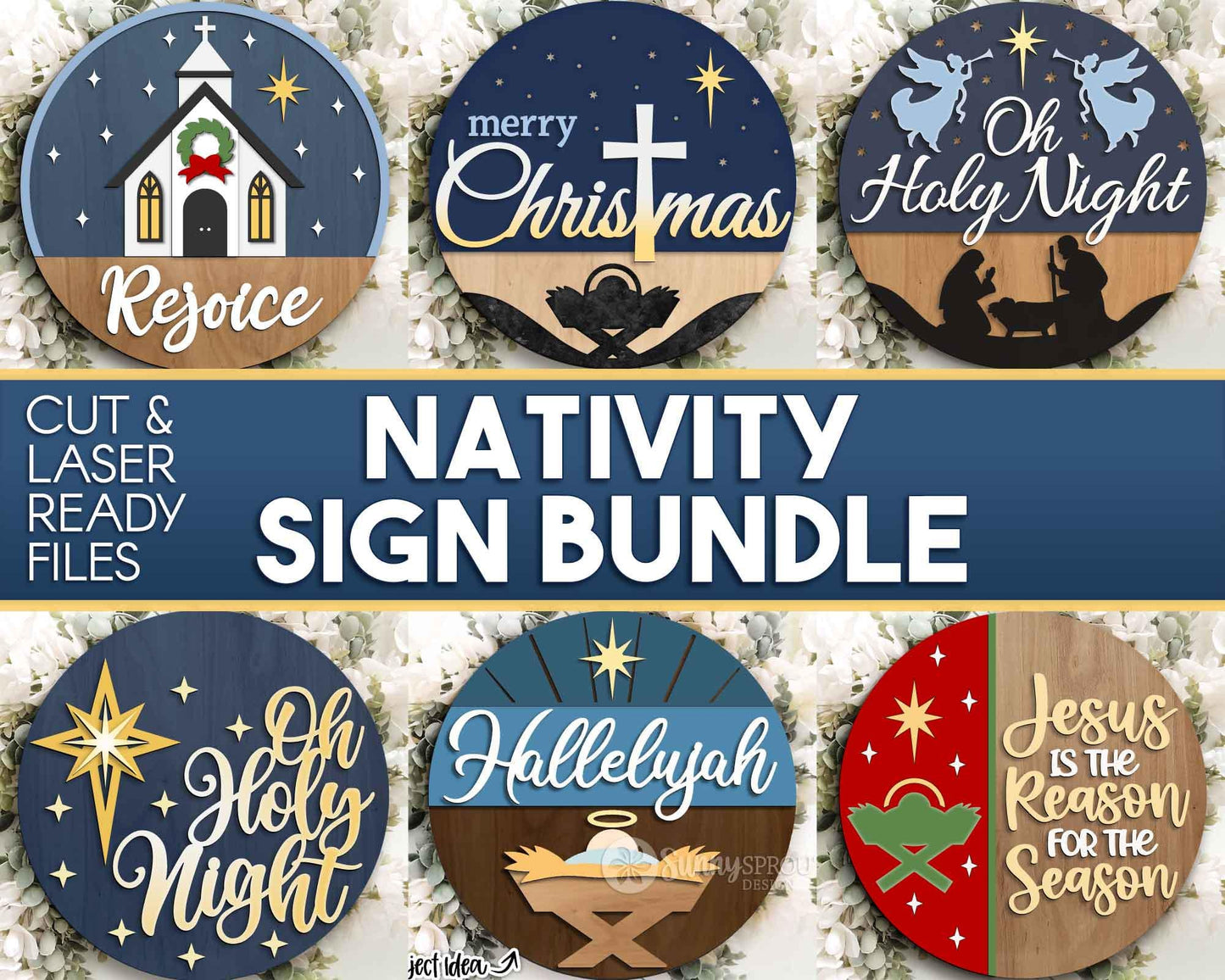 Nativity Laser Sign Bundle, Round door hanger, Glowforge laser cut file, Holiday welcome sign svg, Religious decor svg