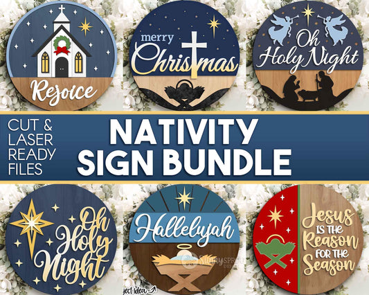 Nativity Laser Sign Bundle, Round door hanger, Glowforge laser cut file, Holiday welcome sign svg, Religious decor svg