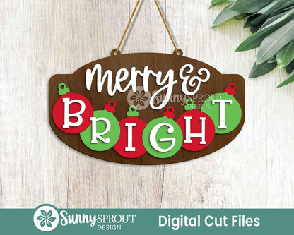 Merry & Bright Ornaments Sign, Digital Download, SVG Laser Cut File, Cricut, Door Hanger Wall Art Design, Christmas Decor