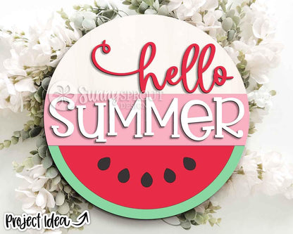 Hello Summer Watermelon Sign, Digital Download, SVG Laser Cut File, Cricut, Round Door Hanger Design