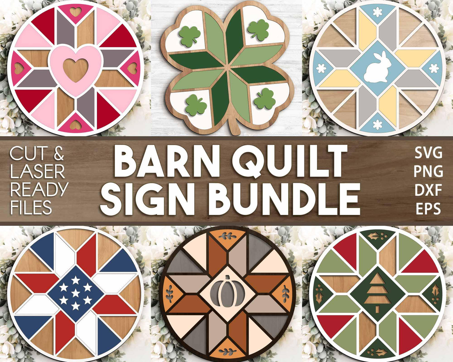 Seasonal Barn Quilt Sign Bundle, Round door hanger svg, Glowforge laser file, Cricut, Front door sign svg, Wall decor