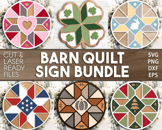 Seasonal Barn Quilt Sign Bundle, Round door hanger svg, Glowforge laser file, Cricut, Front door sign svg, Wall decor