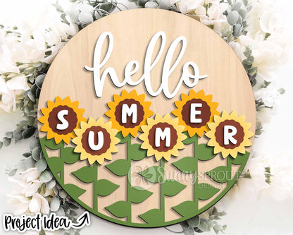 Hello Summer Sunflowers Sign, Digital Download, SVG Laser Cut File, Round Door Hanger Design