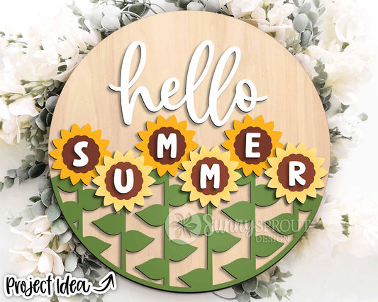Hello Summer Sunflowers Sign, Digital Download, SVG Laser Cut File, Round Door Hanger Design