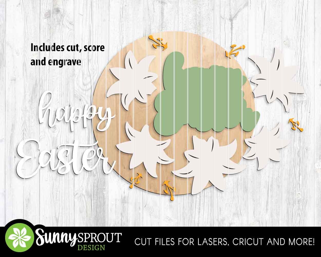 Happy Easter Lilies Flower Sign, Digital download, SVG Laser cut file, Cricut, Round door hanger design