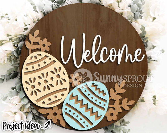 Welcome Floral Easter Eggs Sign, Digital download, SVG laser cut file, Cricut, Round door hanger design