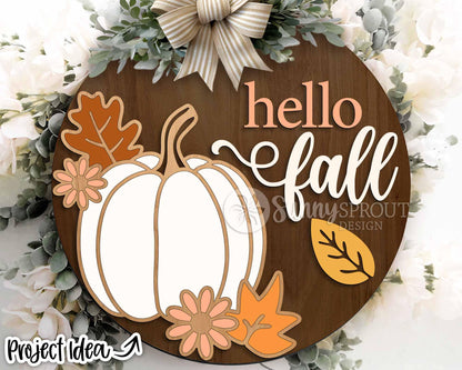 Hello Fall Outline Pumpkin and Leaves Sign, Digital Download, SVG Laser Cut File, Cricut, Round Fall Door Hanger Design
