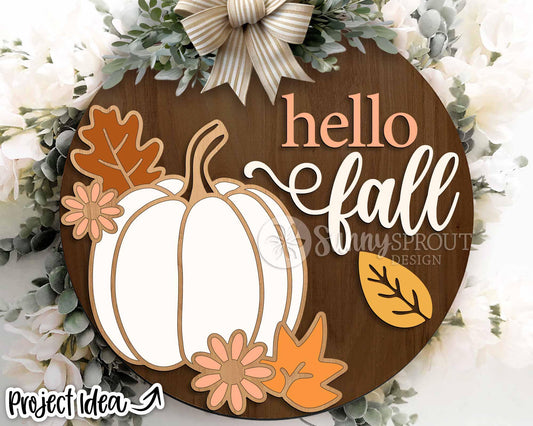 Hello Fall Outline Pumpkin and Leaves Sign, Digital Download, SVG Laser Cut File, Cricut, Round Fall Door Hanger Design