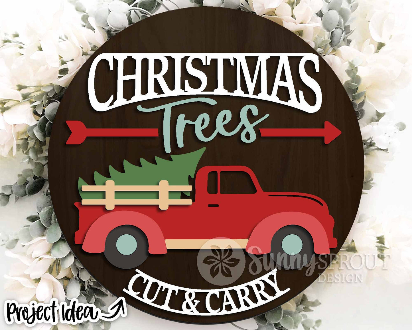 Christmas Trees Old Truck Sign, Digital Download, SVG Laser Cut File, Cricut, Round Door Hanger Design, Farmhouse Christmas Decor