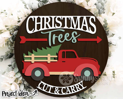 Christmas Trees Old Truck Sign, Digital Download, SVG Laser Cut File, Cricut, Round Door Hanger Design, Farmhouse Christmas Decor