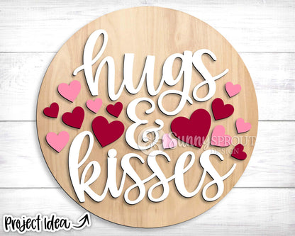 Hugs and Kisses Hearts Sign, Digital Download, SVG Laser Cut File, Cricut, Round Door Hanger Wall Art Design, Valentine's Day Decor