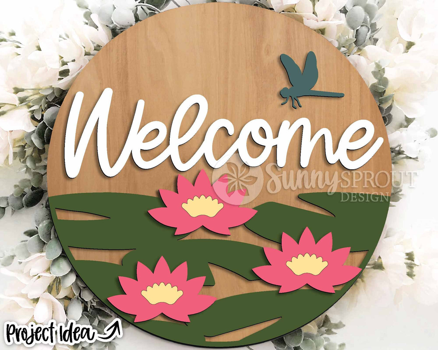 Welcome Lilypad Flower Dragonfly Sign, Digital download, SVG Laser cut file, Cricut, Round door hanger design, Summer lake pond decor