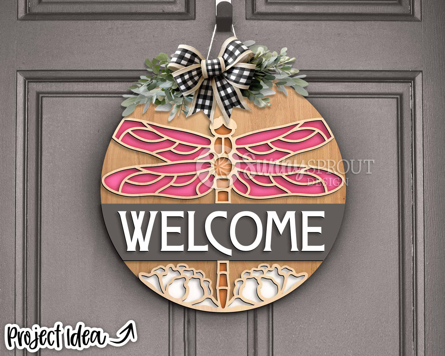 Dragonfly Flower Welcome Sign, Digital download, SVG Laser cut file, Cricut, Round door hanger design, Summer lake house decor