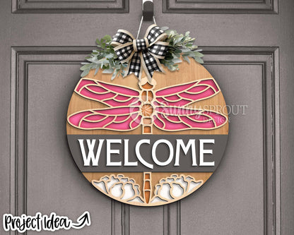 Dragonfly Flower Welcome Sign, Digital download, SVG Laser cut file, Cricut, Round door hanger design, Summer lake house decor