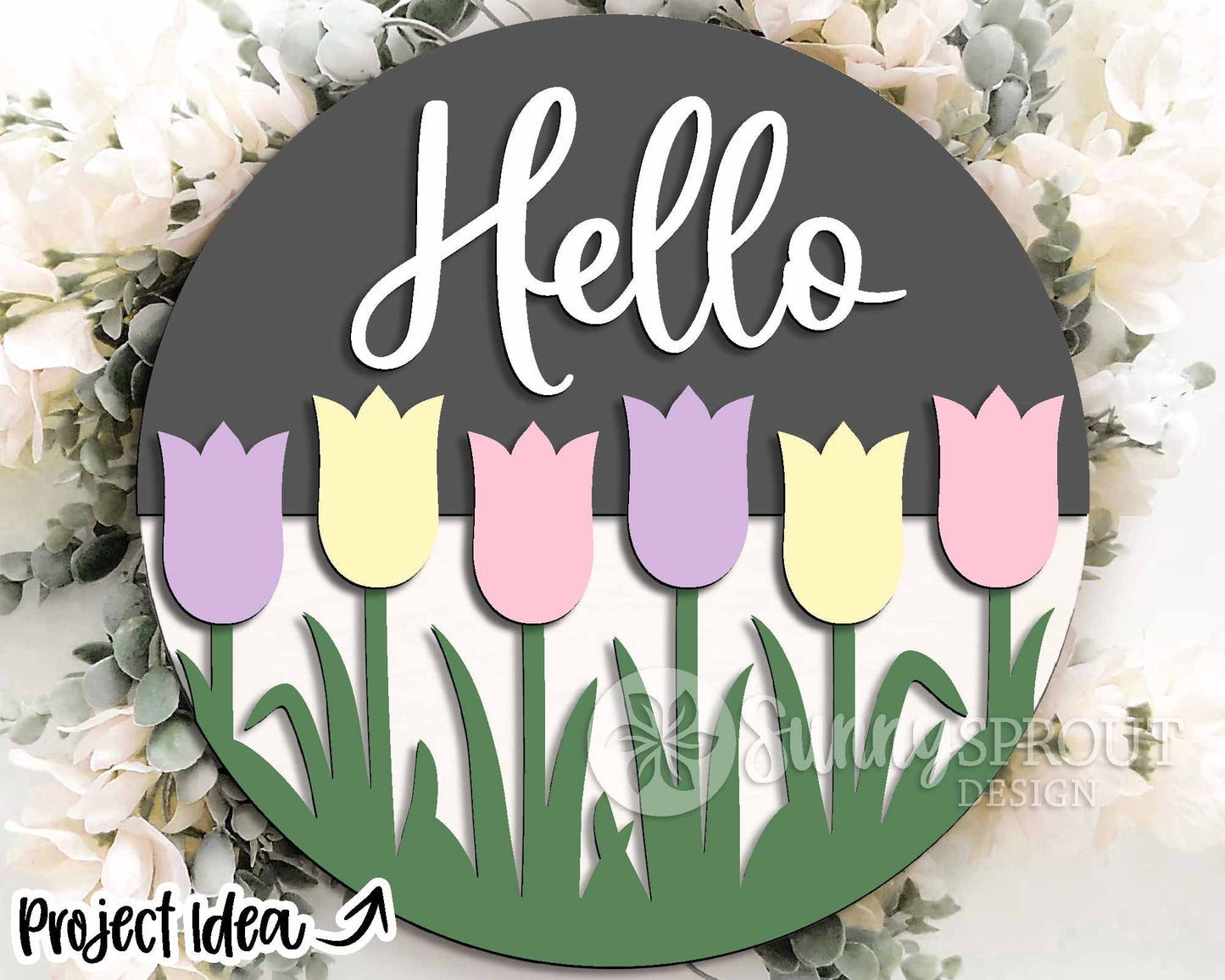 Hello Tulip Flower Sign, Digital download, SVG Laser cut file, Cricut, Round door hanger design, Spring Easter decor