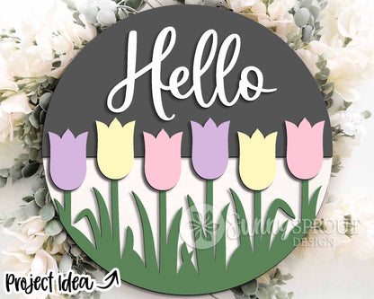 Hello Tulip Flower Sign, Digital download, SVG Laser cut file, Cricut, Round door hanger design, Spring Easter decor