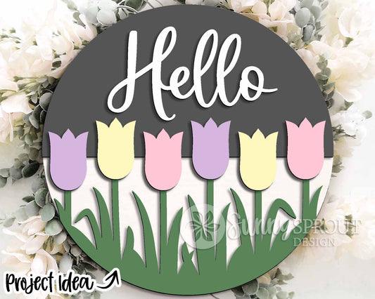 Hello Tulip Flower Sign, Digital download, SVG Laser cut file, Cricut, Round door hanger design, Spring Easter decor