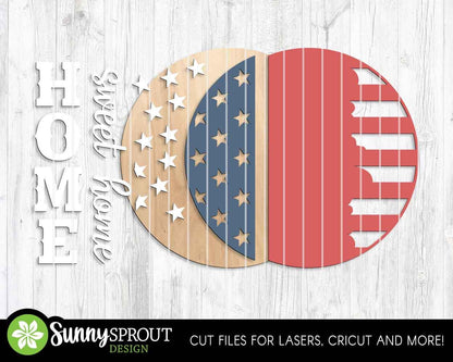 Home Sweet Home American Flag Sign, Digital Download, SVG Laser Cut File, Cricut, Round Door Hanger Design, Patriotic 4th of July Decor