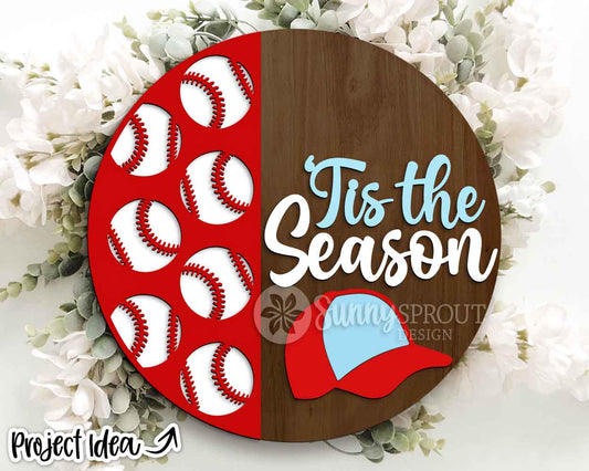 Tis the Season Baseball Pattern Sign, Digital Download, SVG Laser Cut File, Cricut, Door Hanger Design, Sports Decor