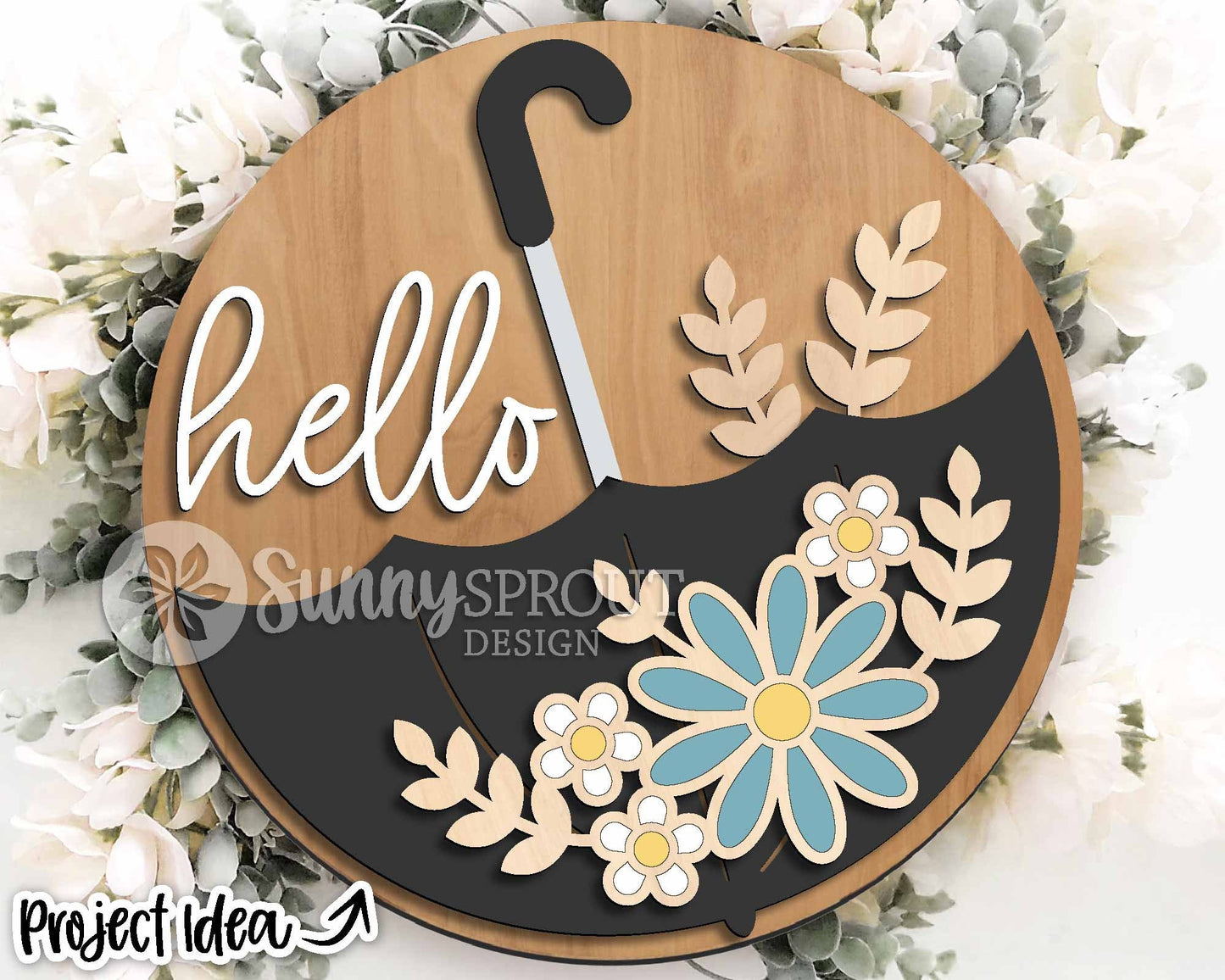 Hello Upside Down Umbrella Flower Sign, Digital download, SVG Laser cut file, Cricut, Round door hanger design, Spring Easter decor