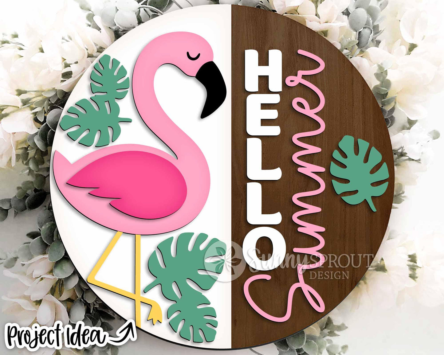 Hello Summer Flamingo Sign, Digital Download, SVG Laser Cut File, Cricut, Tropical Round Door Hanger Design
