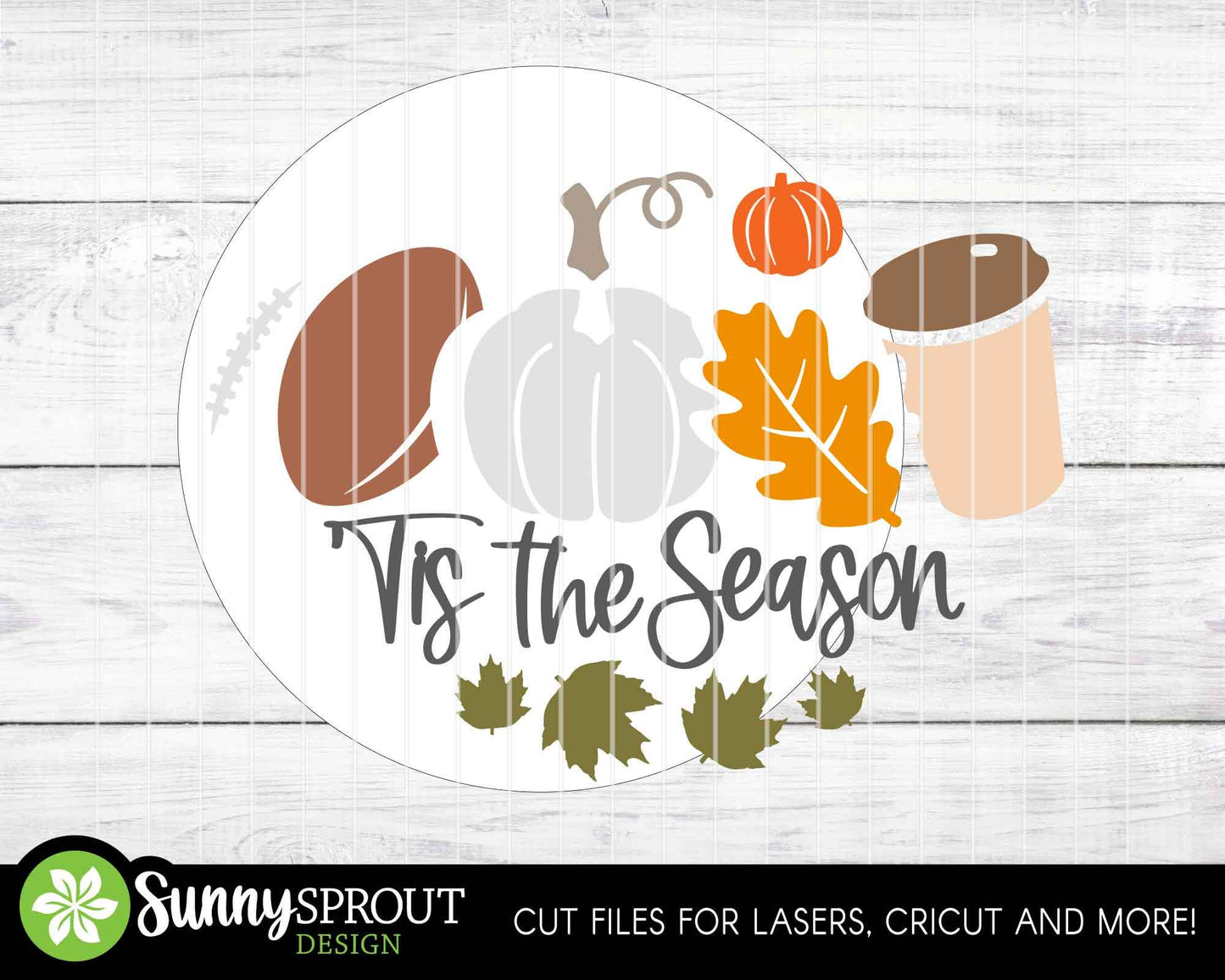 Tis the Season Fall Football Latte Pumpkin Sign, Digital Download, SVG Laser Cut File, Cricut, Round Door Hanger Design
