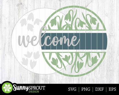 Welcome Snowdrop Flower Sign, Digital download, SVG laser cut file, Cricut, Round door hanger design, Spring Easter decor