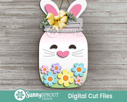 Easter Bunny Flower Mason Jar Sign, Digital download, SVG Laser cut file, Cricut, Door hanger design, Spring decor