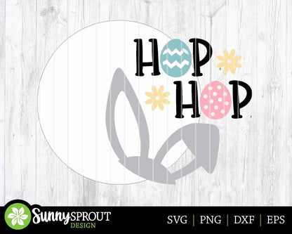 Hop Hop Bunny Ear Easter Egg Sign, Digital download, SVG laser cut file, Cricut, Round door hanger design