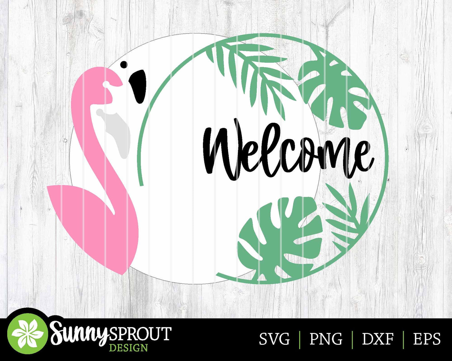 Welcome Flamingo Tropical Leaf Sign, Digital Download, SVG Laser Cut File, Cricut, Summer Round Door Hanger Design
