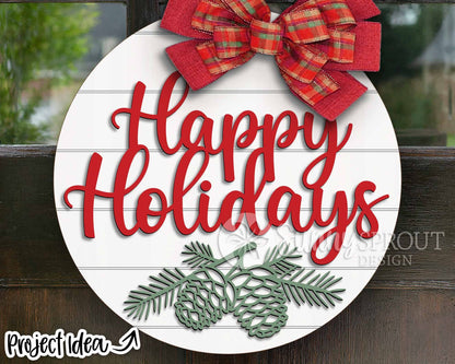 Happy Holidays Pine Branch Sign, Digital Download, SVG Laser Cut File, Cricut, Round Door Hanger Design, Christmas Decor