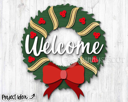 Welcome Wreath Ribbon Sign, Digital Download, SVG Laser Cut File, Cricut, Round Door Hanger Design, Christmas Decor