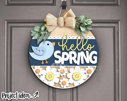 Hello Spring Chick and Daisies Sign, Digital download, SVG Laser cut file, Cricut, Round door hanger design